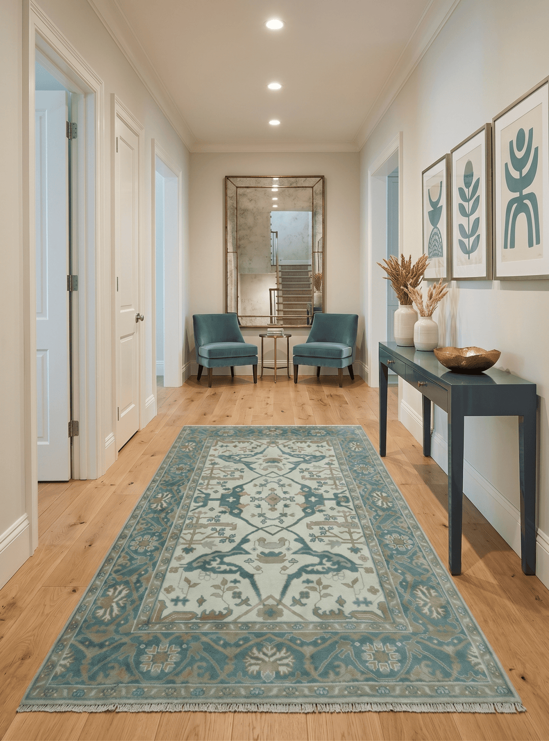 Ivory and Teal Hand Knotted Traditional Oriental Oushak Multi size wool area rug - The Rug Decor