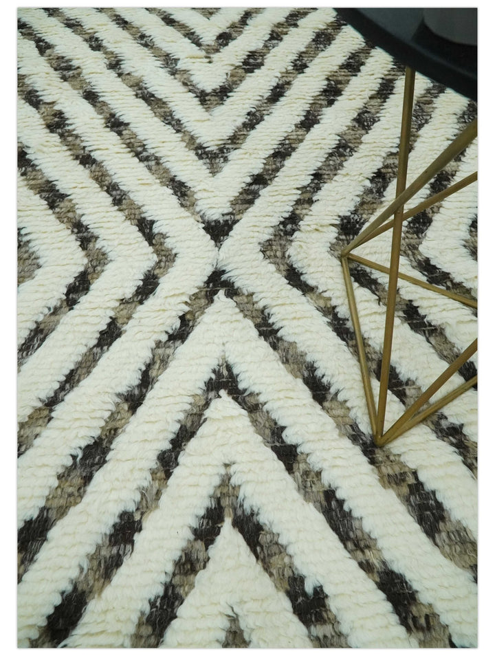 Ivory, Beige and Charcoal Modern Stripes Plush Pile Moroccan Style Hand knotted 5x8 wool Area Rug - The Rug Decor