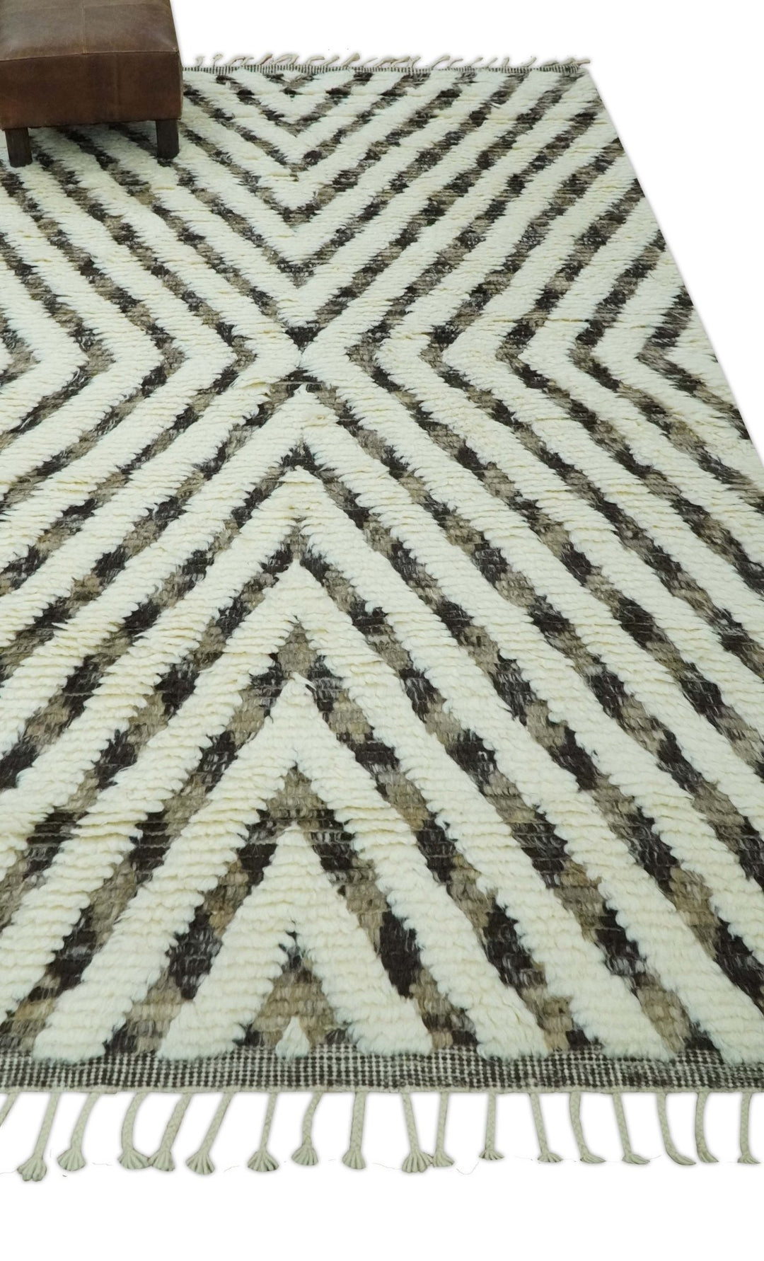 Ivory, Beige and Charcoal Modern Stripes Plush Pile Moroccan Style Hand knotted 5x8 wool Area Rug - The Rug Decor