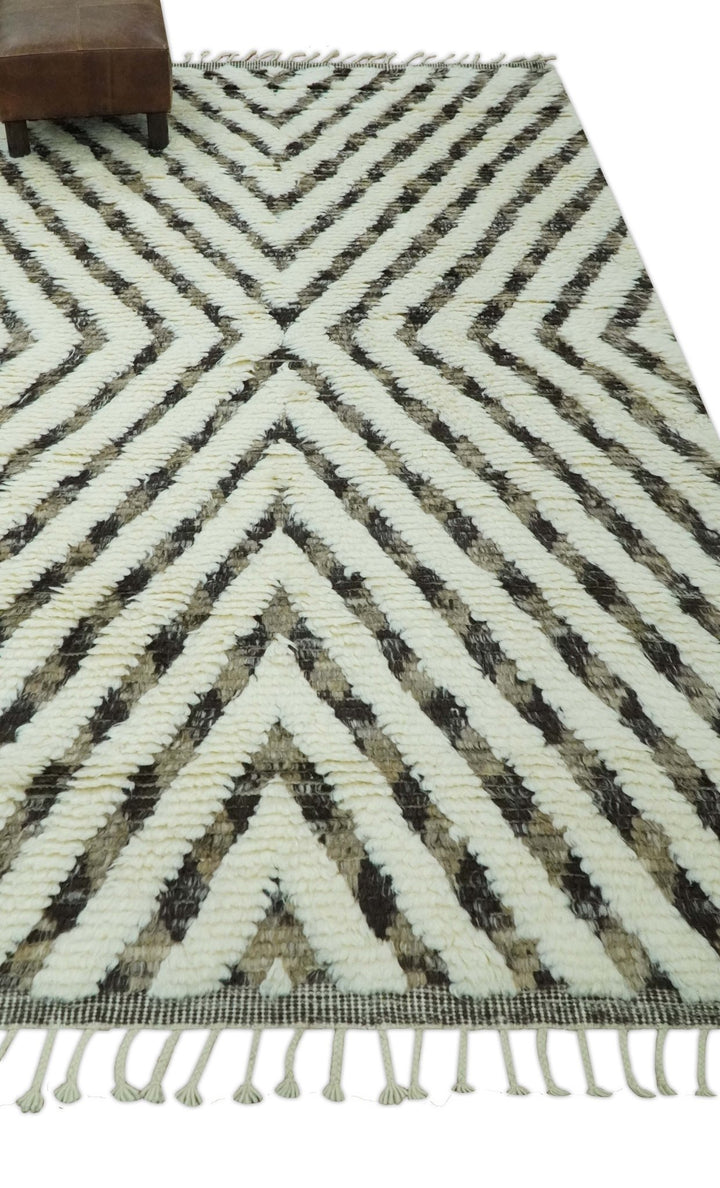 Ivory, Beige and Charcoal Modern Stripes Plush Pile Moroccan Style Hand knotted 5x8 wool Area Rug - The Rug Decor