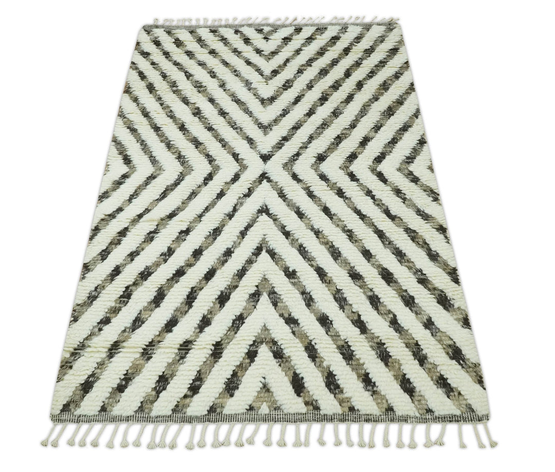 Ivory, Beige and Charcoal Modern Stripes Plush Pile Moroccan Style Hand knotted 5x8 wool Area Rug - The Rug Decor