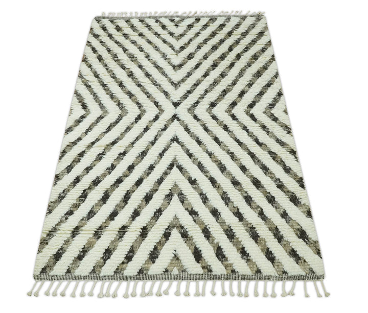 Ivory, Beige and Charcoal Modern Stripes Plush Pile Moroccan Style Hand knotted 5x8 wool Area Rug - The Rug Decor
