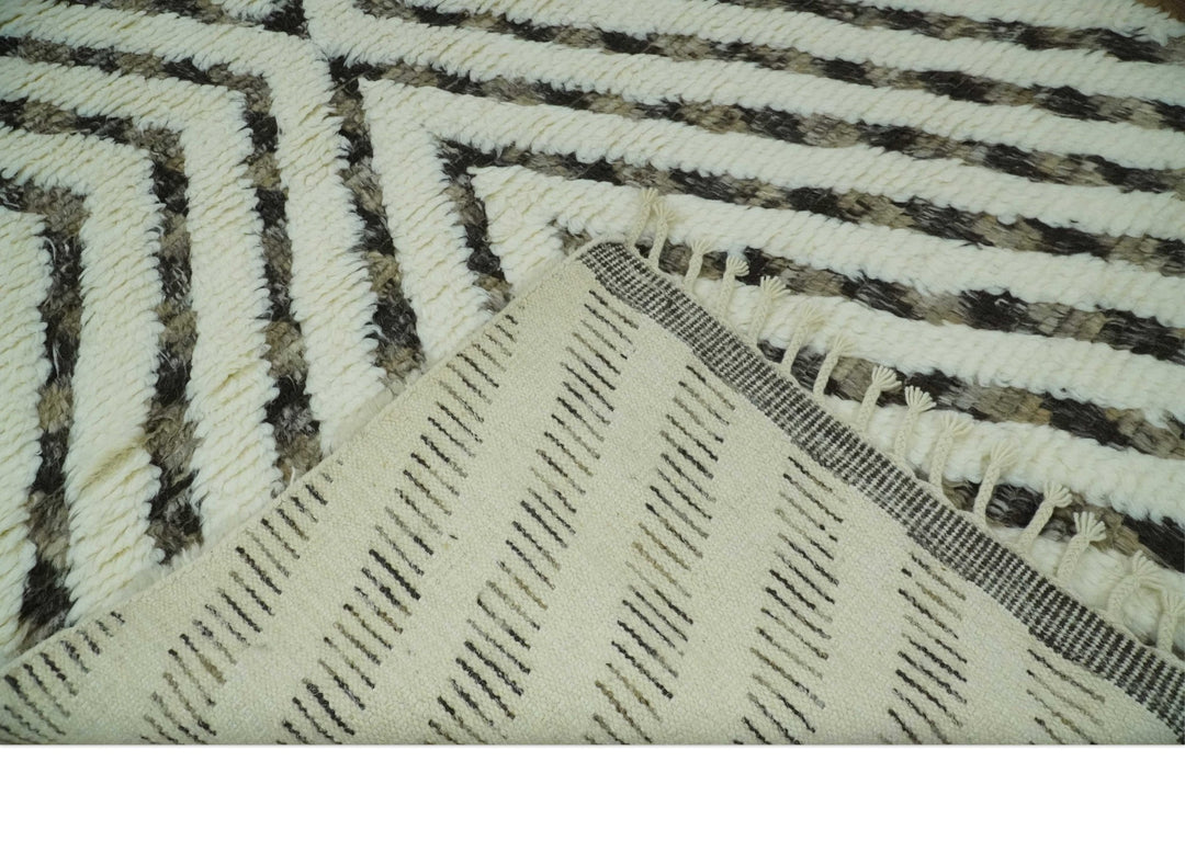 Ivory, Beige and Charcoal Modern Stripes Plush Pile Moroccan Style Hand knotted 5x8 wool Area Rug - The Rug Decor