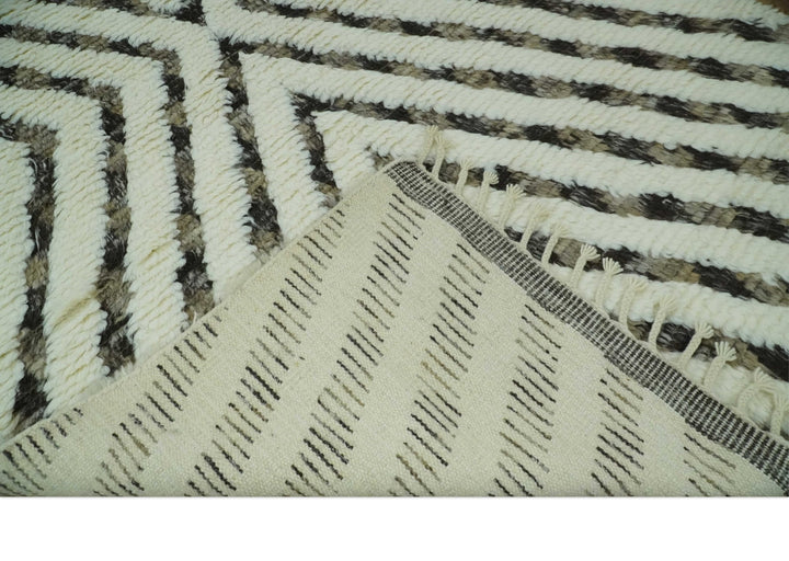 Ivory, Beige and Charcoal Modern Stripes Plush Pile Moroccan Style Hand knotted 5x8 wool Area Rug - The Rug Decor