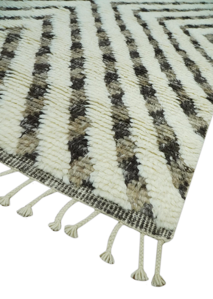 Ivory, Beige and Charcoal Modern Stripes Plush Pile Moroccan Style Hand knotted 5x8 wool Area Rug - The Rug Decor