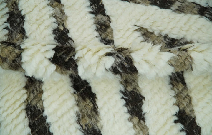 Ivory, Beige and Charcoal Modern Stripes Plush Pile Moroccan Style Hand knotted 5x8 wool Area Rug - The Rug Decor