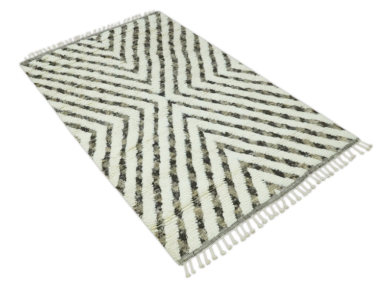 Ivory, Beige and Charcoal Modern Stripes Plush Pile Moroccan Style Hand knotted 5x8 wool Area Rug - The Rug Decor