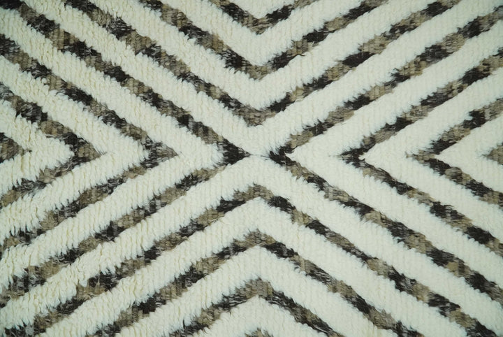 Ivory, Beige and Charcoal Modern Stripes Plush Pile Moroccan Style Hand knotted 5x8 wool Area Rug - The Rug Decor