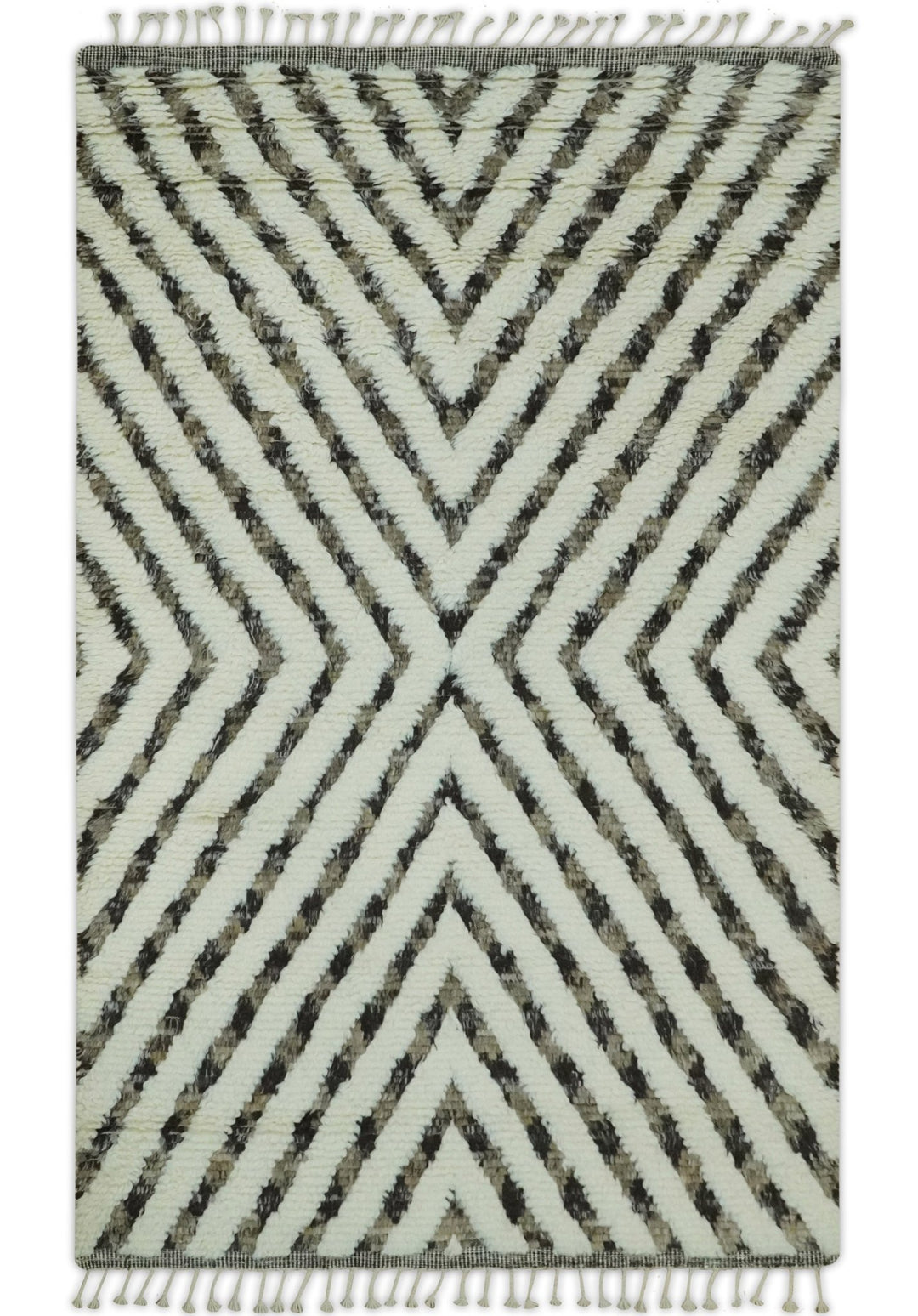 Ivory, Beige and Charcoal Modern Stripes Plush Pile Moroccan Style Hand knotted 5x8 wool Area Rug - The Rug Decor