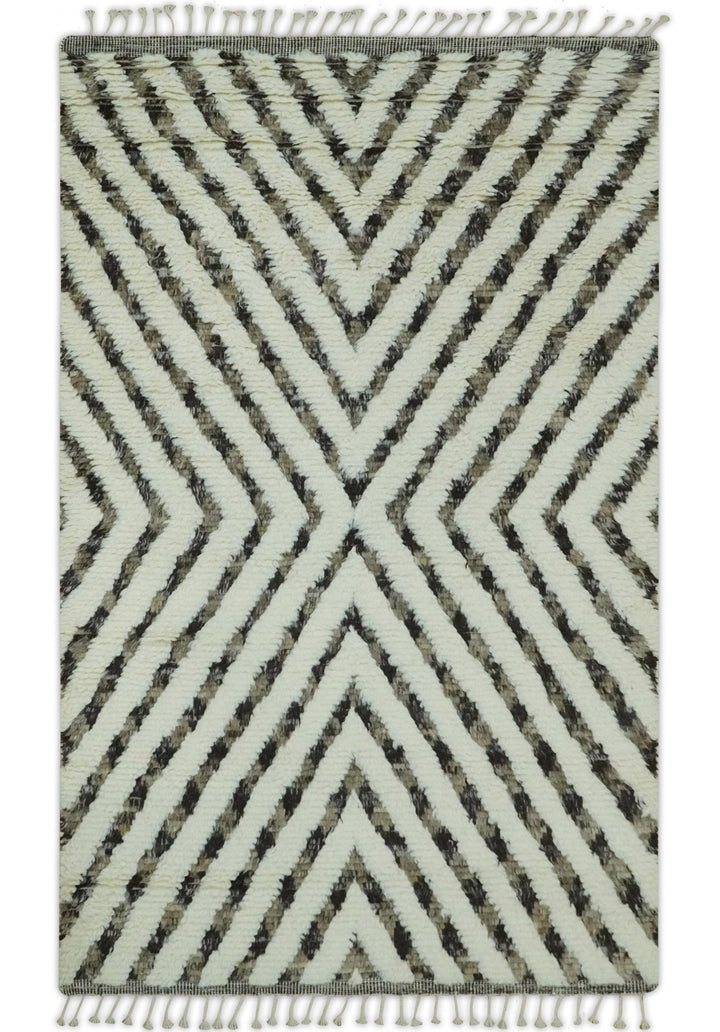Ivory, Beige and Charcoal Modern Stripes Plush Pile Moroccan Style Hand knotted 5x8 wool Area Rug - The Rug Decor