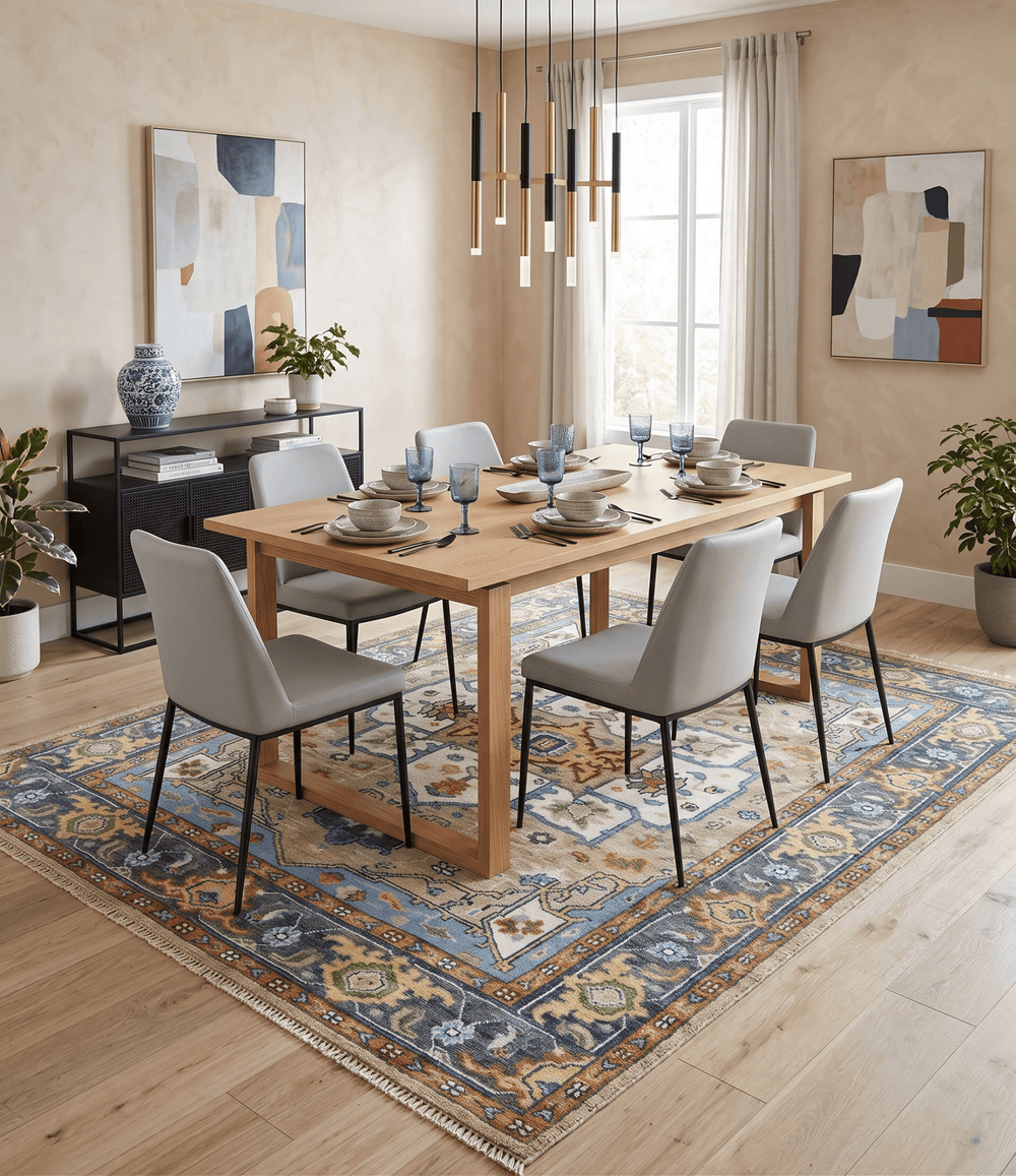 Ivory, Beige, Blue and Charcoal Traditional Heriz Hand Knotted Multi Size wool Area Rug - The Rug Decor