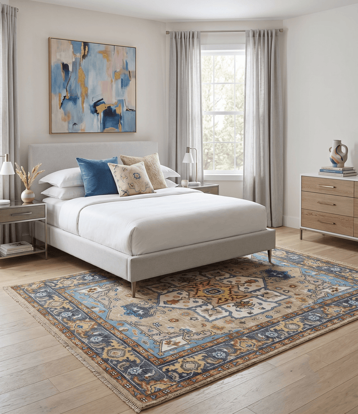 Ivory, Beige, Blue and Charcoal Traditional Heriz Hand Knotted Multi Size wool Area Rug - The Rug Decor