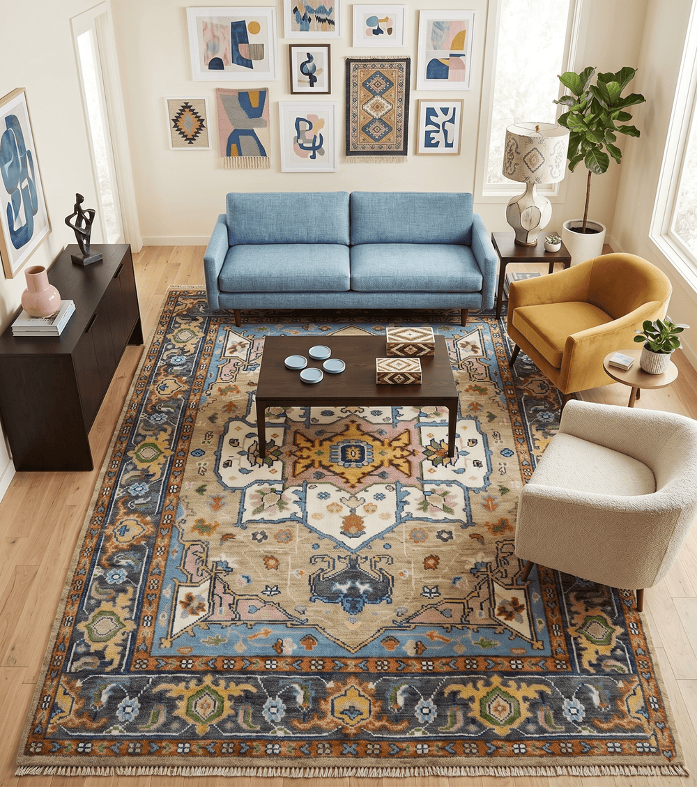 Ivory, Beige, Blue and Charcoal Traditional Heriz Hand Knotted Multi Size wool Area Rug - The Rug Decor