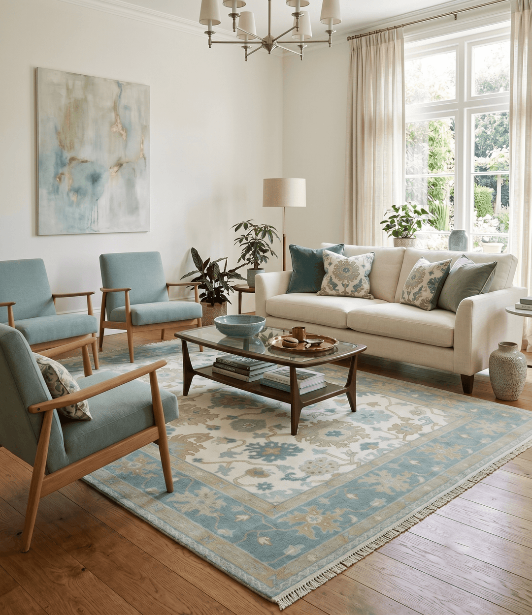 Ivory, Blue and Beige Floral Oushak Hand Knotted Traditional Turkish Inspired Custom Made Wool Area Rug - The Rug Decor