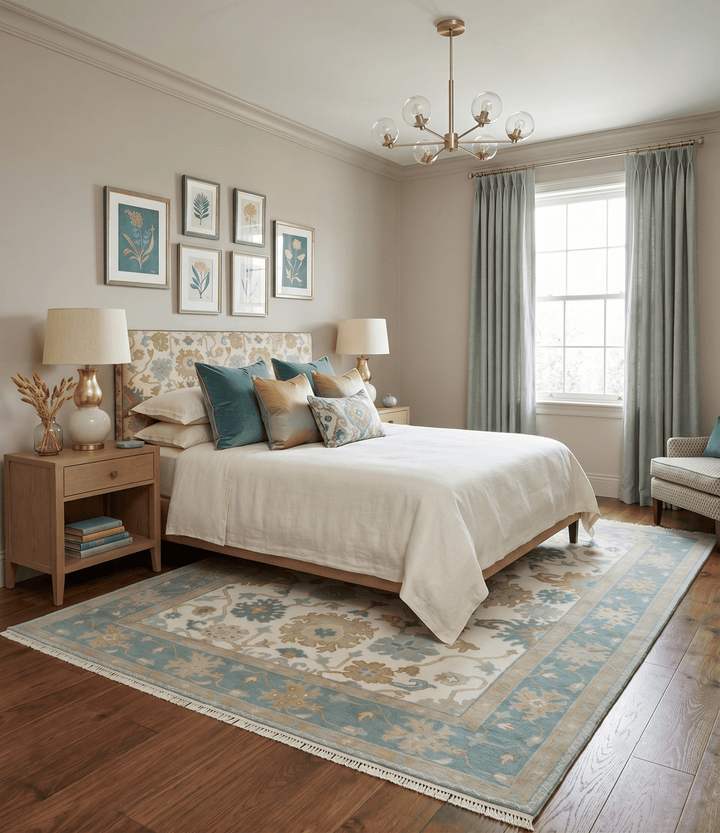Ivory, Blue and Beige Floral Oushak Hand Knotted Traditional Turkish Inspired Custom Made Wool Area Rug - The Rug Decor