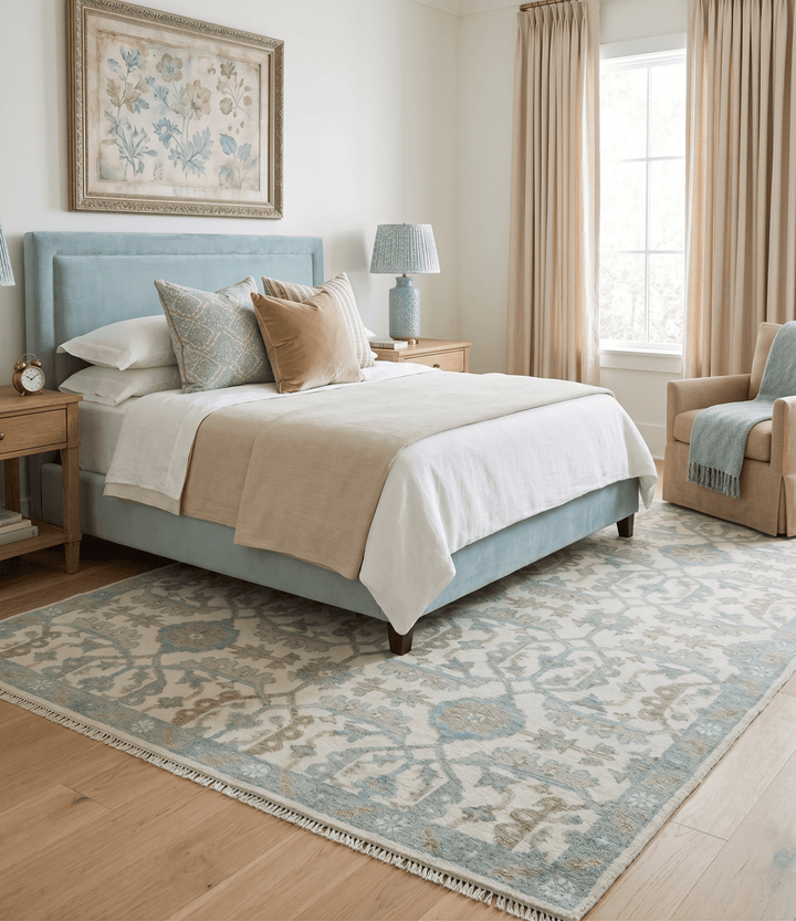 Ivory, Blue and Beige Hand knotted Traditional Large Design Multi Size wool Area Rug - The Rug Decor
