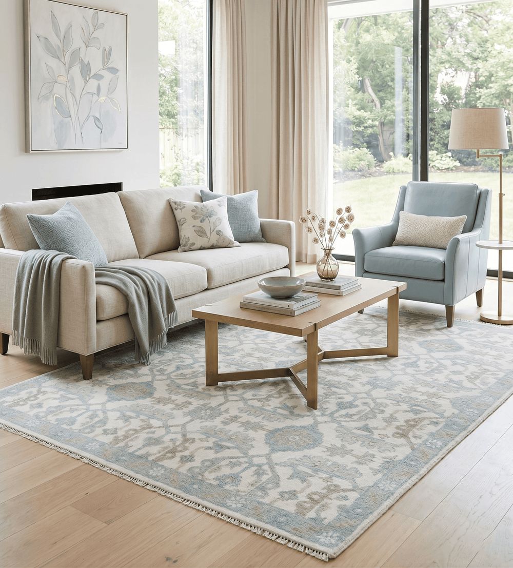 Ivory, Blue and Beige Hand knotted Traditional Large Design Multi Size wool Area Rug - The Rug Decor