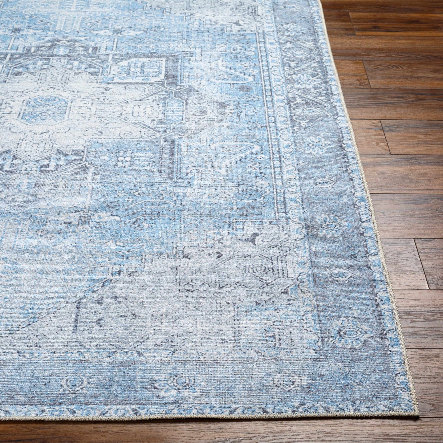 Ivory, Blue and Charcoal Traditional Medallion Design Washable Area Rug - The Rug Decor