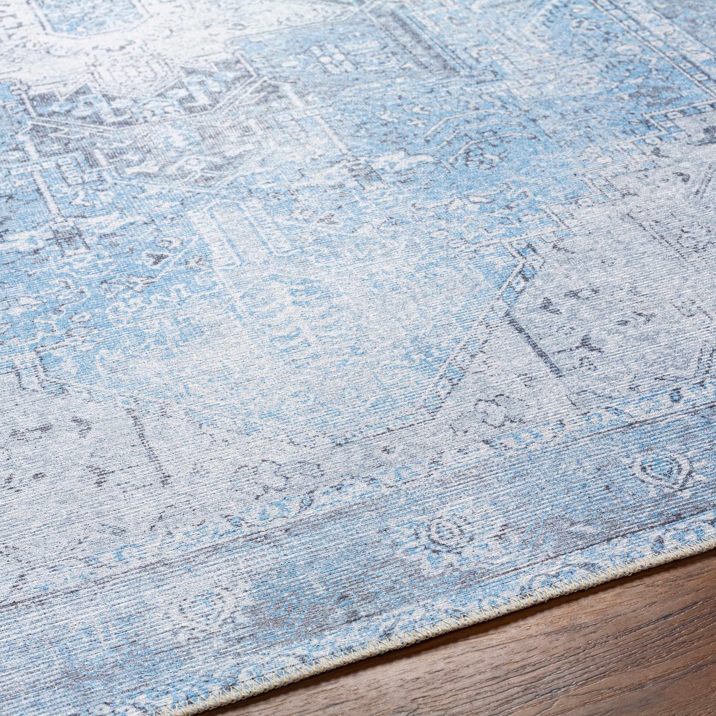 Ivory, Blue and Charcoal Traditional Medallion Design Washable Area Rug - The Rug Decor