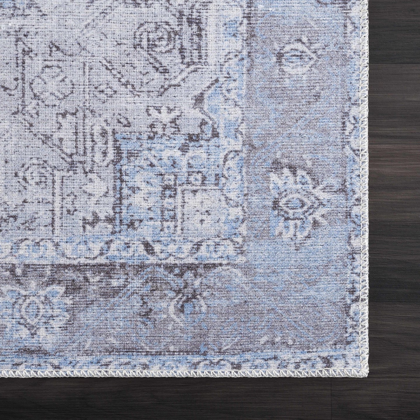 Ivory, Blue and Charcoal Traditional Medallion Design Washable Area Rug - The Rug Decor