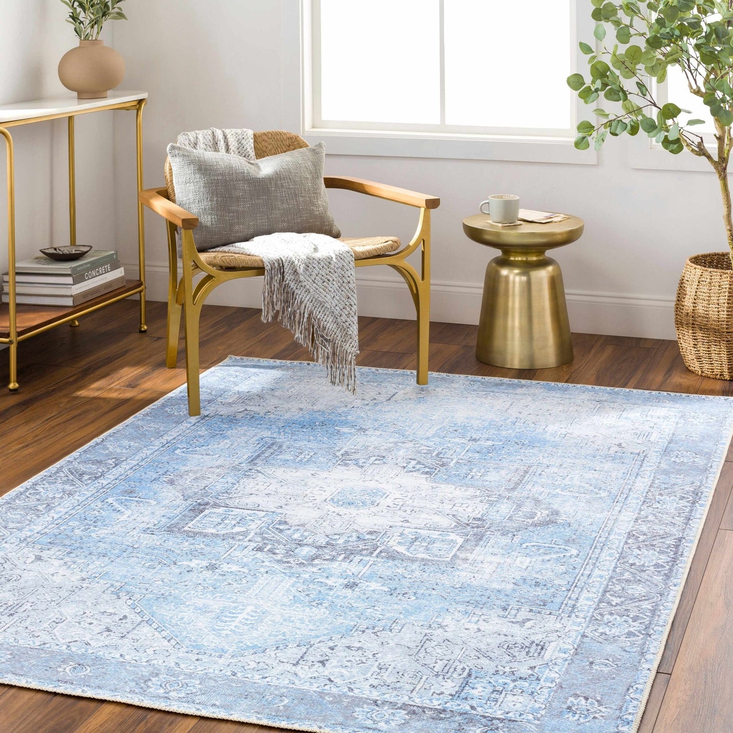 Ivory, Blue and Charcoal Traditional Medallion Design Washable Area Rug - The Rug Decor