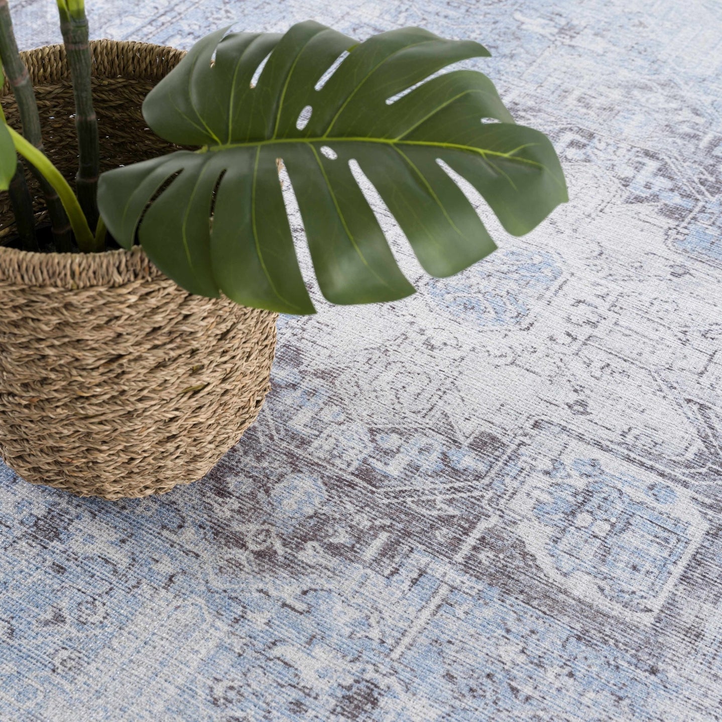 Ivory, Blue and Charcoal Traditional Medallion Design Washable Area Rug - The Rug Decor