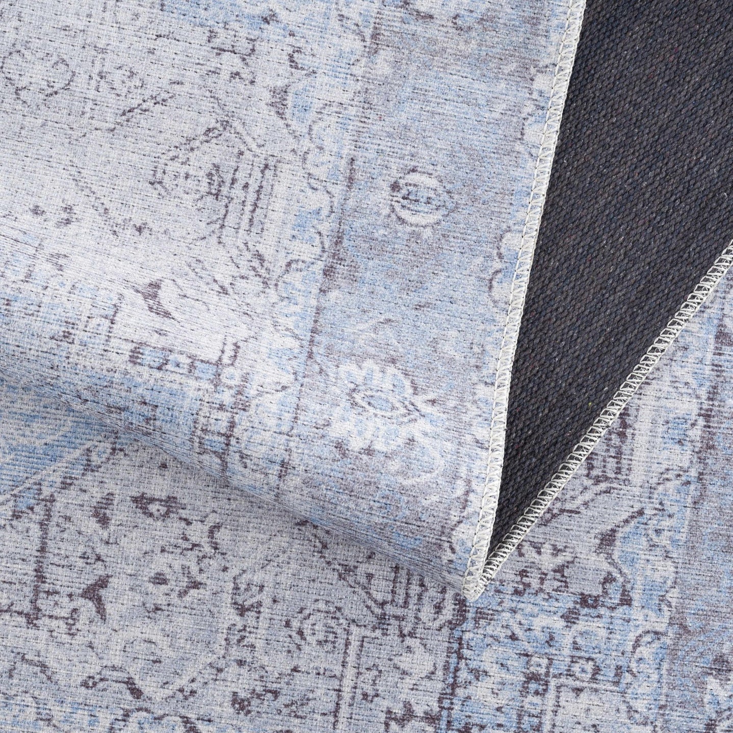 Ivory, Blue and Charcoal Traditional Medallion Design Washable Area Rug - The Rug Decor