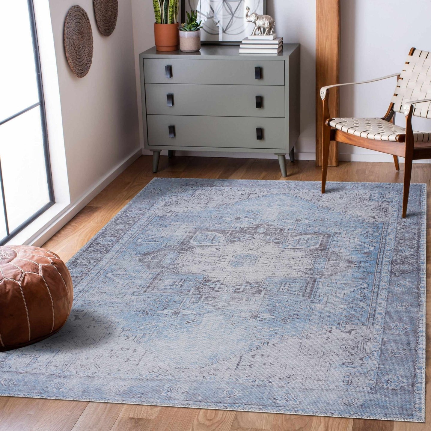 Ivory, Blue and Charcoal Traditional Medallion Design Washable Area Rug - The Rug Decor