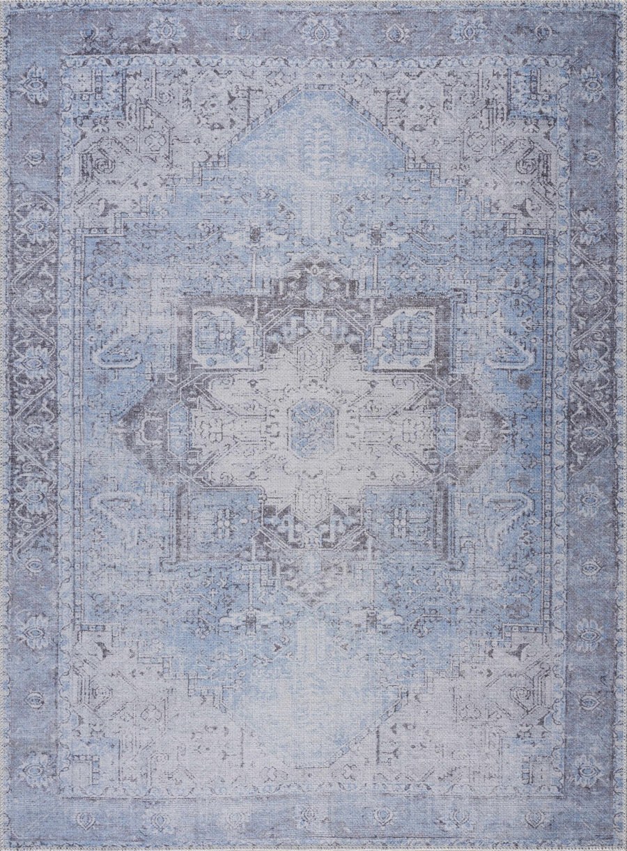 Ivory, Blue and Charcoal Traditional Medallion Design Washable Area Rug - The Rug Decor