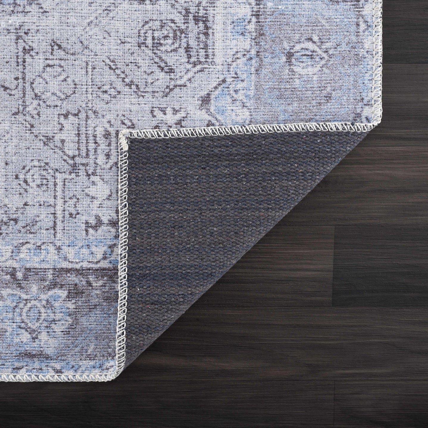 Ivory, Blue and Charcoal Traditional Medallion Design Washable Area Rug - The Rug Decor