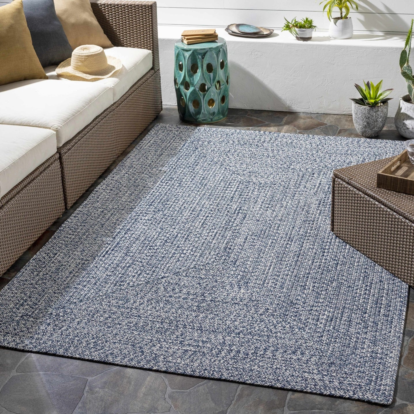 Ivory, Blue and Gray Chevron Design Braided Outdoor safe area Rug - The Rug Decor