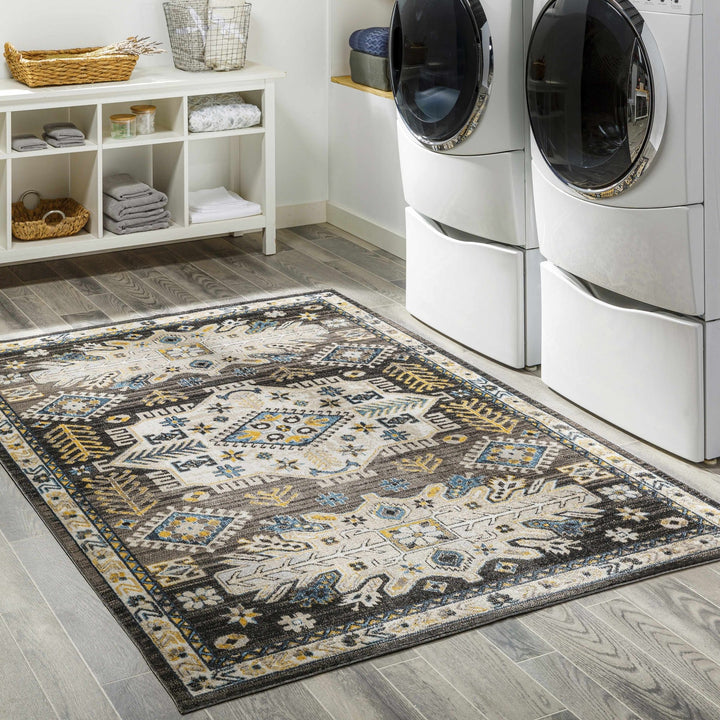 Ivory, Blue, Gray and Charcoal Traditional Washable Area Rug - The Rug Decor