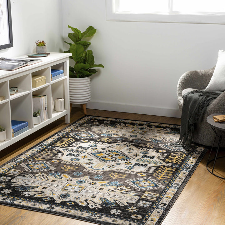 Ivory, Blue, Gray and Charcoal Traditional Washable Area Rug - The Rug Decor