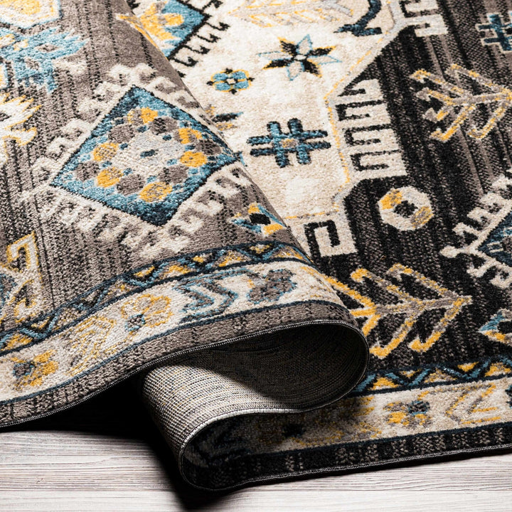 Ivory, Blue, Gray and Charcoal Traditional Washable Area Rug - The Rug Decor
