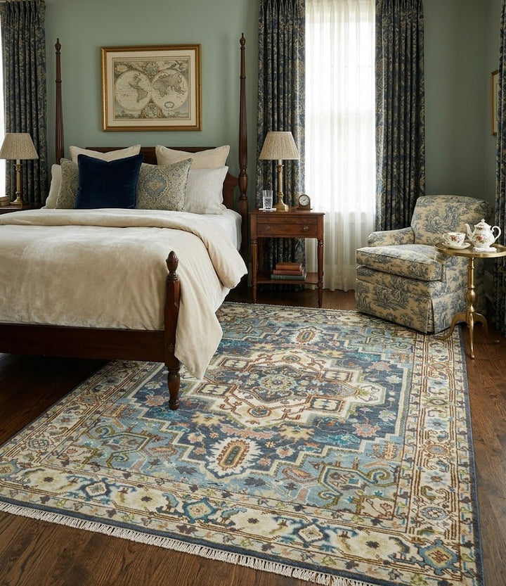 Ivory, Blue, Rust and Beige Hand knotted Traditional Heriz wool Area Rug - The Rug Decor