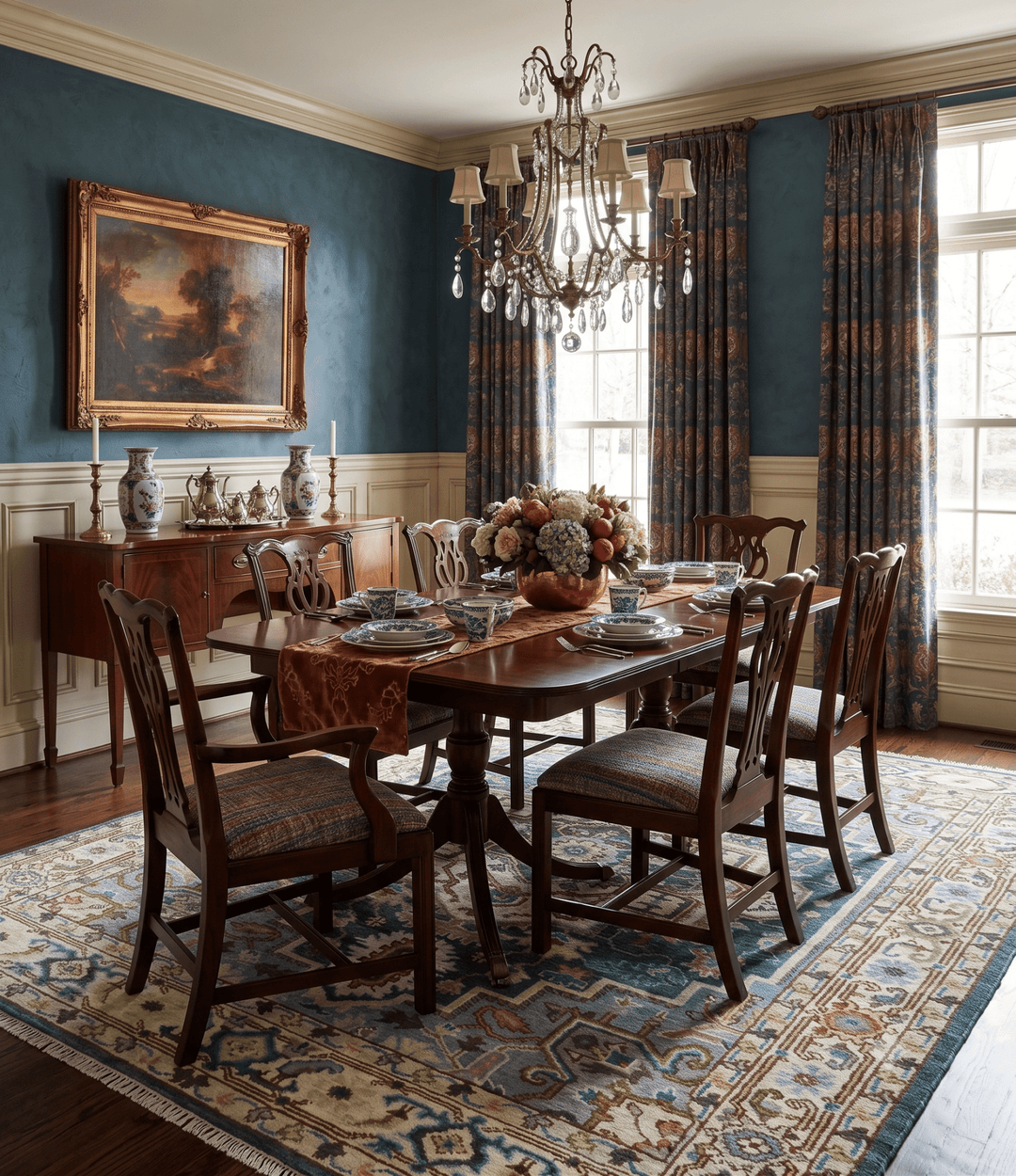 Ivory, Blue, Rust and Beige Hand knotted Traditional Heriz wool Area Rug - The Rug Decor