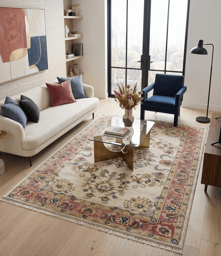 Ivory, Brown, Olive and Charcoal Traditional Heriz Medallion Custom Made Wool Area Rug - The Rug Decor
