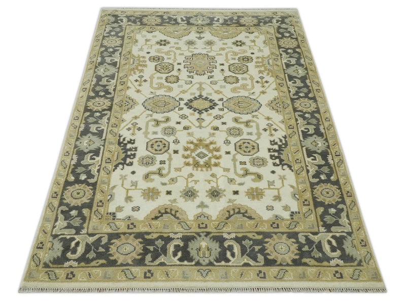 Ivory, Charcoal and Beige 6x9 Hand Knotted Traditional Oriental Oushak wool rug - The Rug Decor