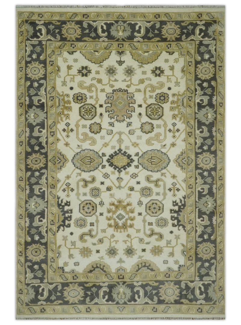 Ivory, Charcoal and Beige 6x9 Hand Knotted Traditional Oriental Oushak wool rug - The Rug Decor