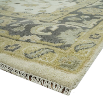 Ivory, Charcoal and Beige 6x9 Hand Knotted Traditional Oriental Oushak wool rug - The Rug Decor