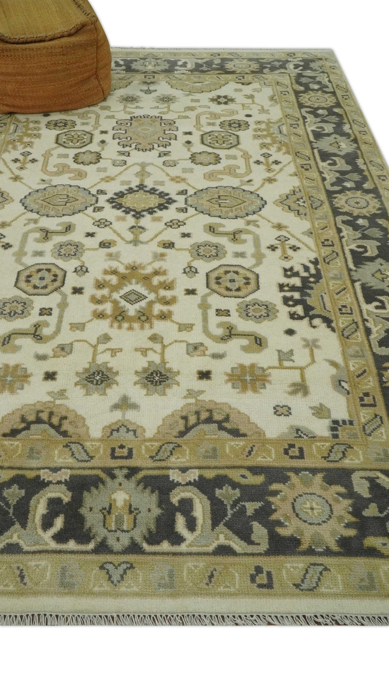 Ivory, Charcoal and Beige 6x9 Hand Knotted Traditional Oriental Oushak wool rug - The Rug Decor