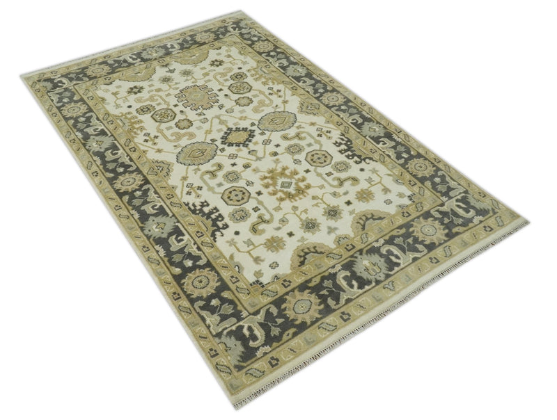 Ivory, Charcoal and Beige 6x9 Hand Knotted Traditional Oriental Oushak wool rug - The Rug Decor