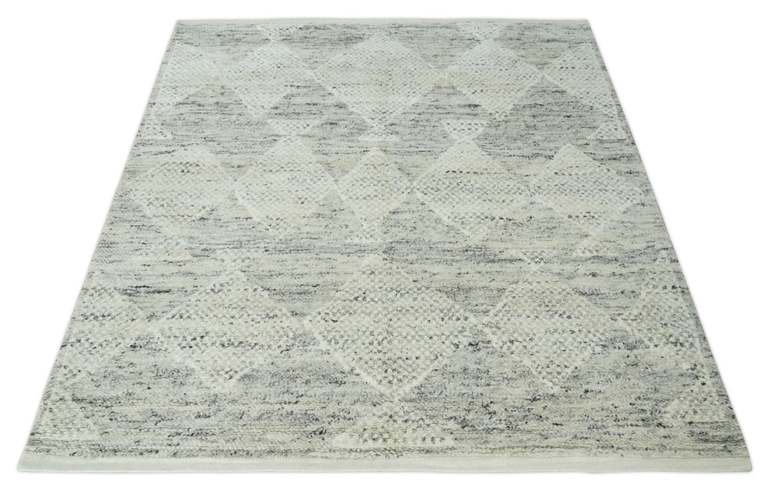 Ivory, Charcoal and Beige 8x10 hand knotted Geometrical wool Area rug - The Rug Decor