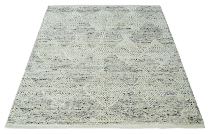 Ivory, Charcoal and Beige 8x10 hand knotted Geometrical wool Area rug - The Rug Decor