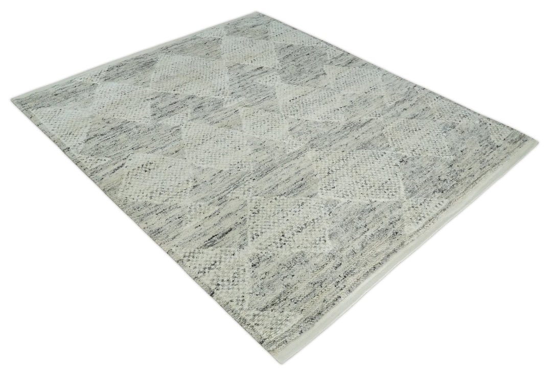 Ivory, Charcoal and Beige 8x10 hand knotted Geometrical wool Area rug - The Rug Decor