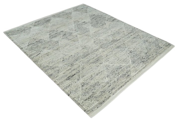 Ivory, Charcoal and Beige 8x10 hand knotted Geometrical wool Area rug - The Rug Decor