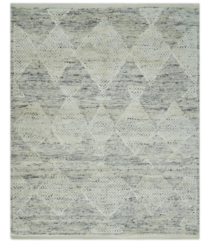 Ivory, Charcoal and Beige 8x10 hand knotted Geometrical wool Area rug - The Rug Decor