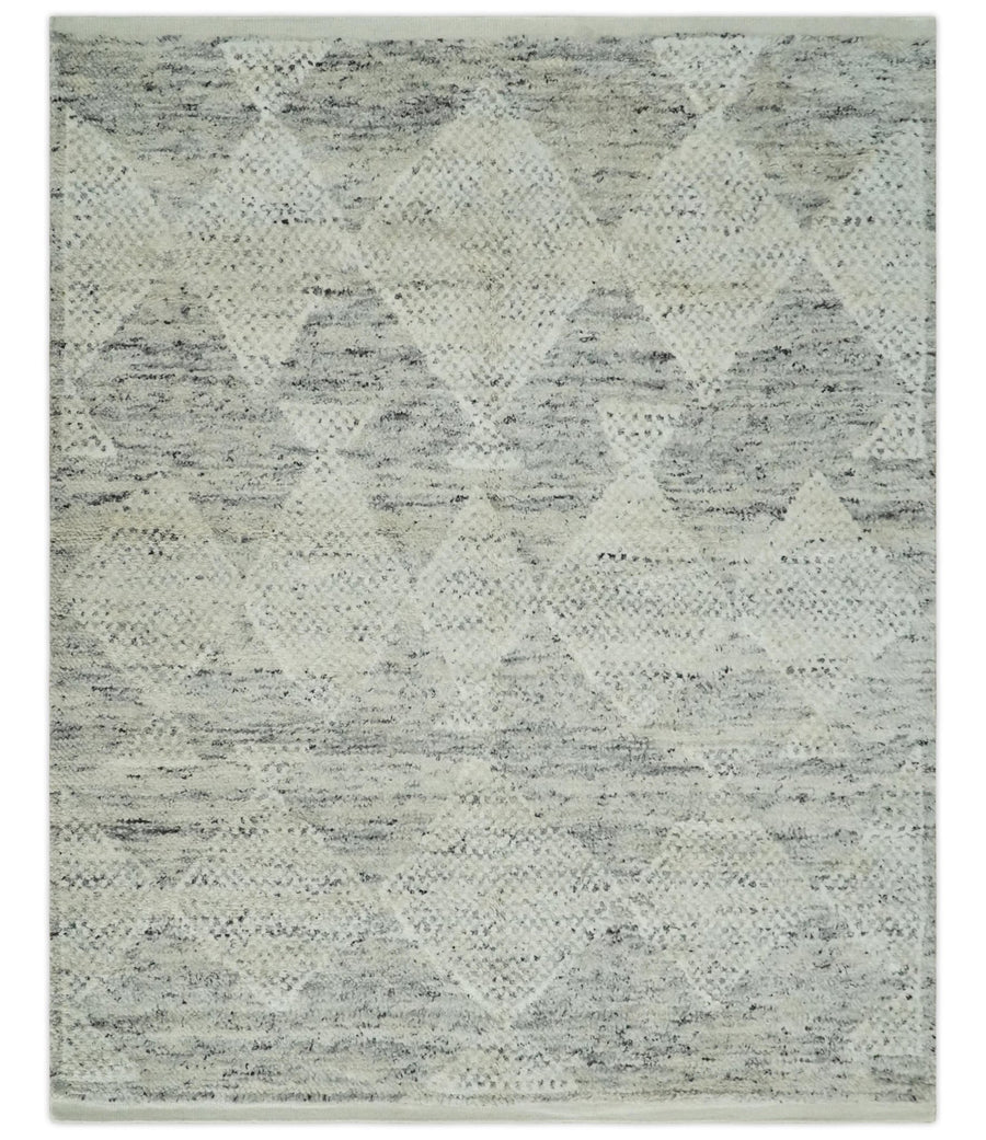 Ivory, Charcoal and Beige 8x10 hand knotted Geometrical wool Area rug - The Rug Decor