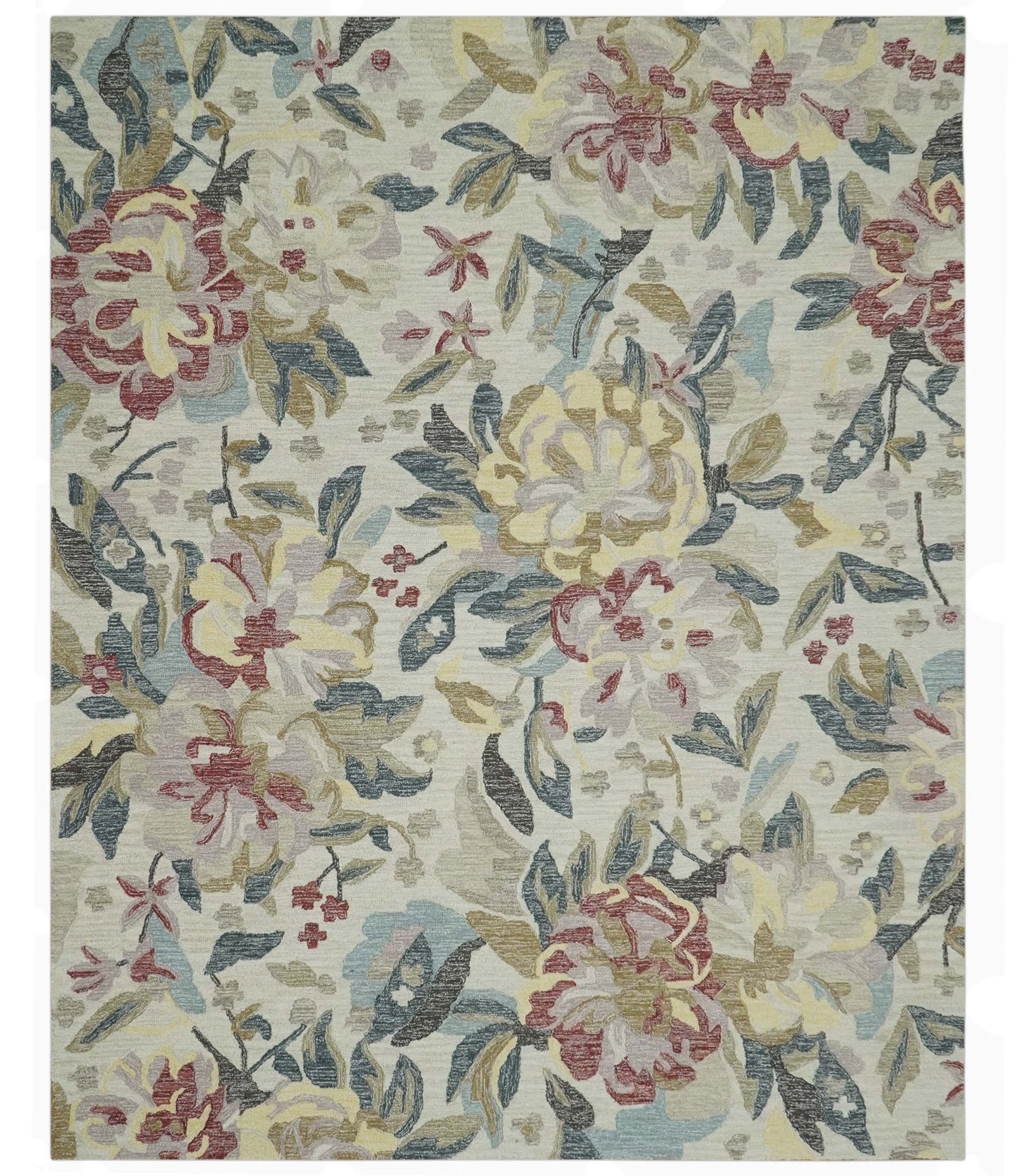 Ivory, Charcoal and Olive Floral Design 8x10 Colorful Hand Tufted wool rug - The Rug Decor