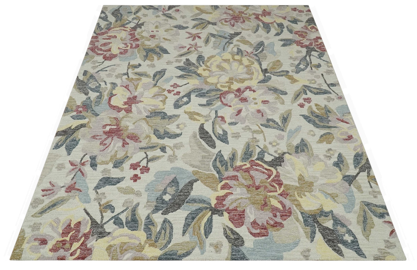 Ivory, Charcoal and Olive Floral Design 8x10 Colorful Hand Tufted wool rug - The Rug Decor